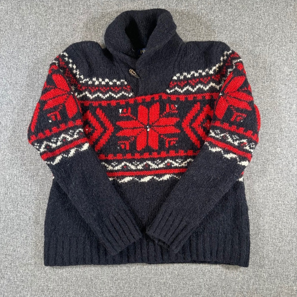 Polo Ralph Lauren Nordic Snowflake Shawl Neck Sweater Mens L Red Black Fair Isle